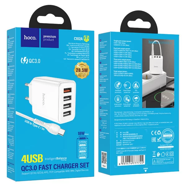 Зарядное устройство Hoco C102A Fuerza QC3.0 + Кабель Type-C [White]
